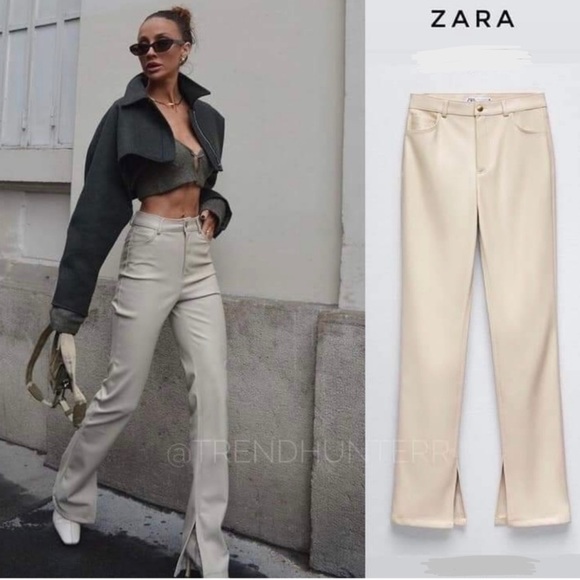 Zara Ecru Faux Leather Flared Slit Slim Fit Pants - Picture 7 of 16